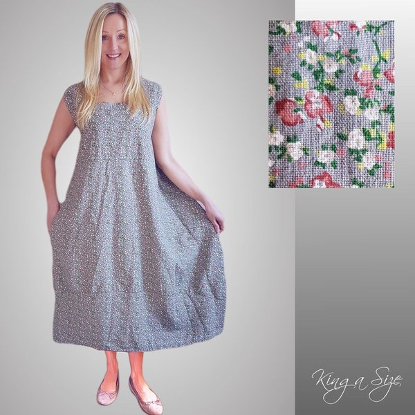 ITALY Kleid LEINEN plus size Blumen Gr.48 grau