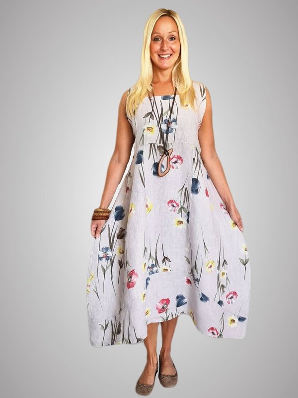 ITALY Kleid LEINEN plus size Blumen Gr.48 grau