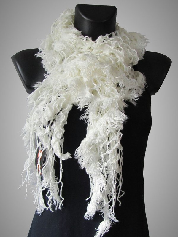 Winter Schal Strickschal flauschige Ajour - woll-weiß